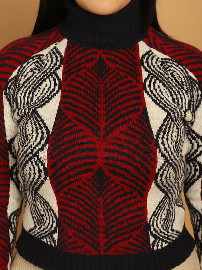 Acrylic Full Sleeve Printed Red Sweater