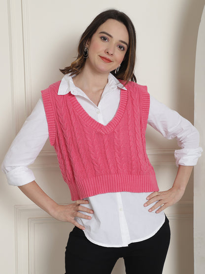 Cotton Sleeveless V-Neck Pink Vest Sweater