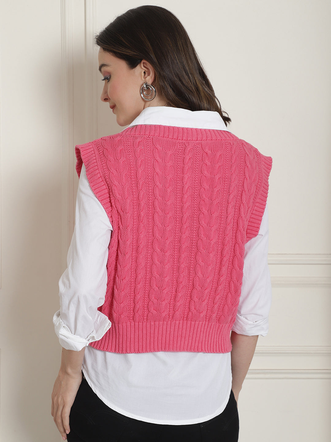 Cotton Sleeveless V-Neck Pink Vest Sweater