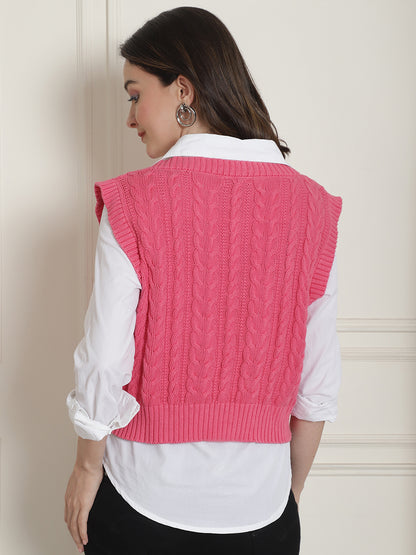 Cotton Sleeveless V-Neck Pink Vest Sweater