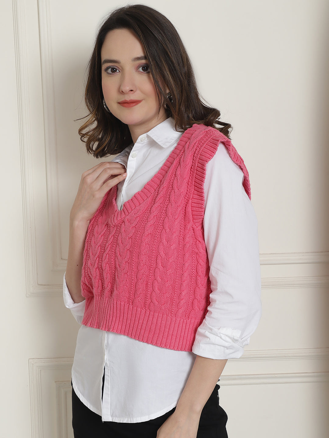 Cotton Sleeveless V-Neck Pink Vest Sweater