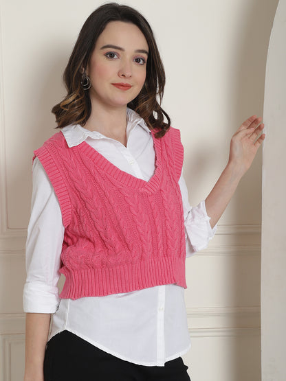 Cotton Sleeveless V-Neck Pink Vest Sweater