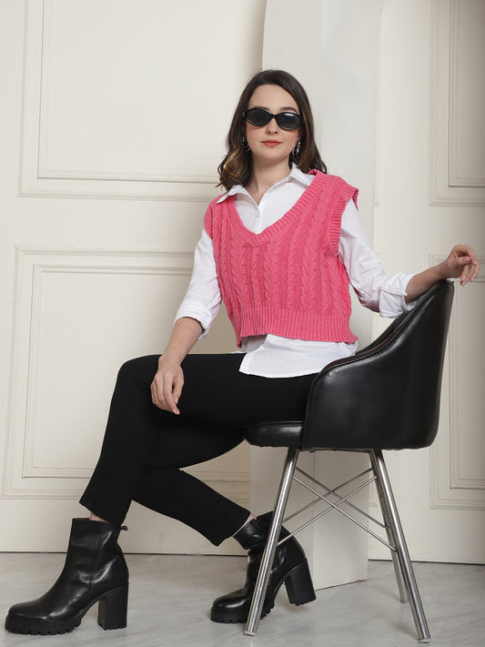 Cotton Sleeveless V-Neck Pink Vest Sweater