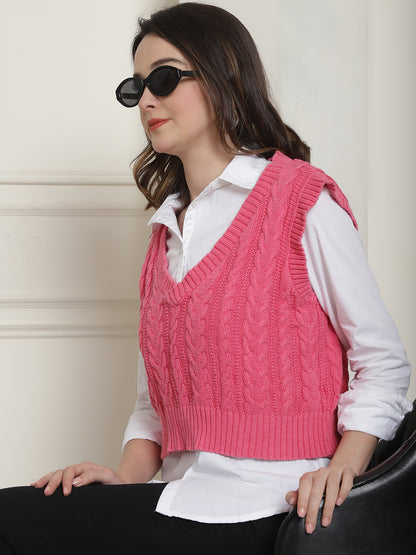 Cotton Sleeveless V-Neck Pink Vest Sweater