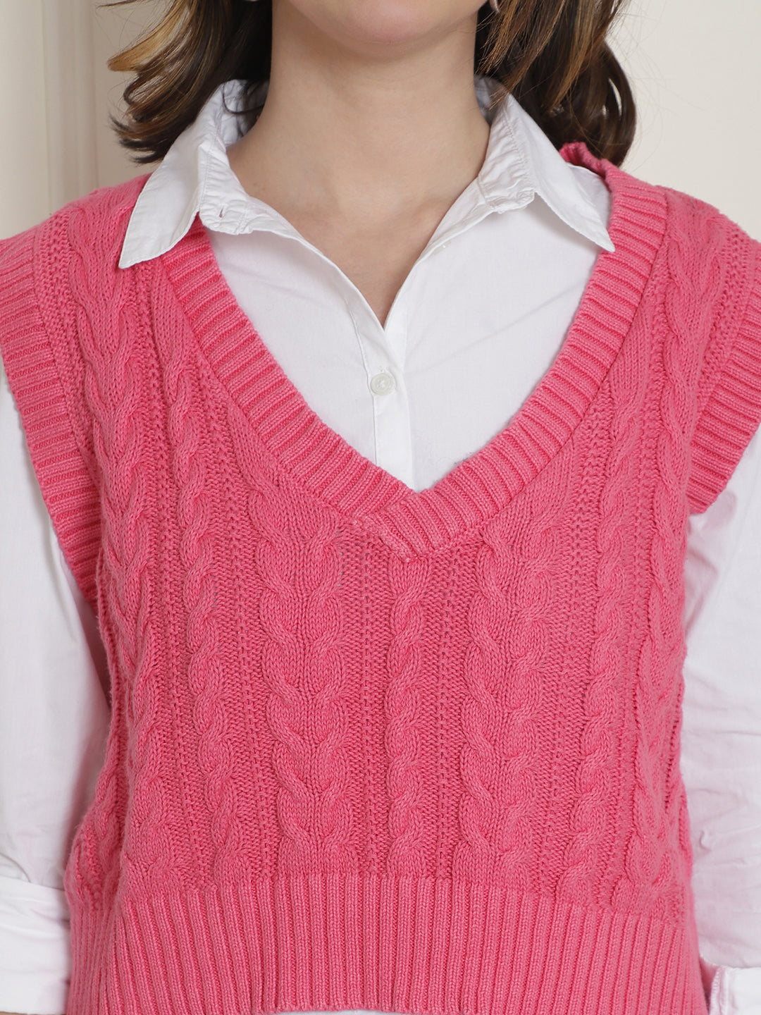 Cotton Sleeveless V-Neck Pink Vest Sweater