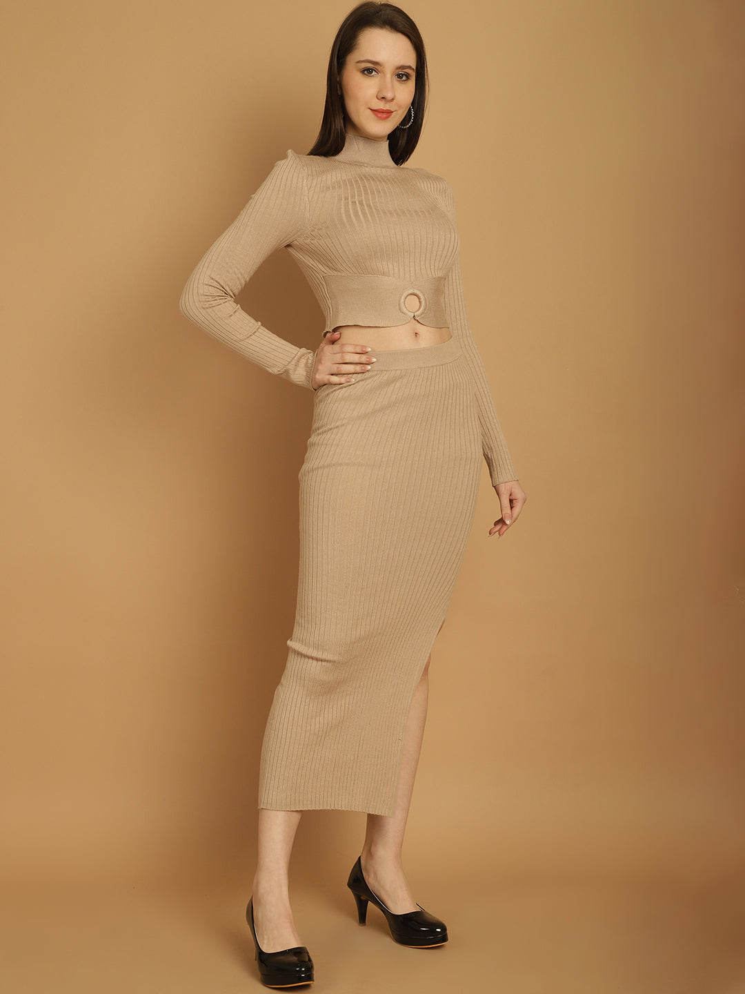 Viscose knitted Beige Top and Slit  Skirt Two Piece Set