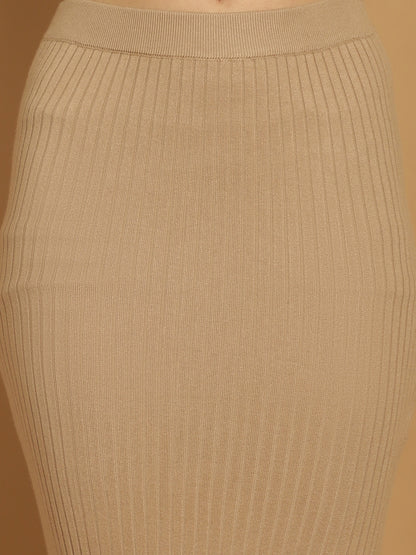 Viscose knitted Beige Top and Slit  Skirt Two Piece Set