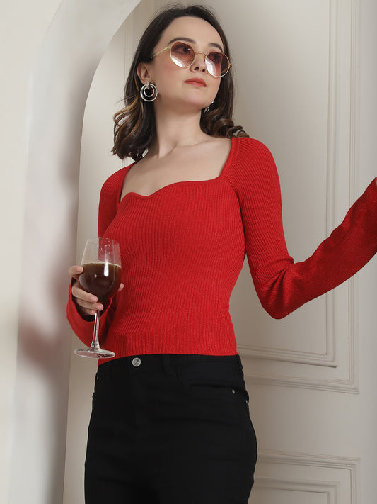 Acrylic Sexy Sweetheart Neck Ribbed Knit Red Top