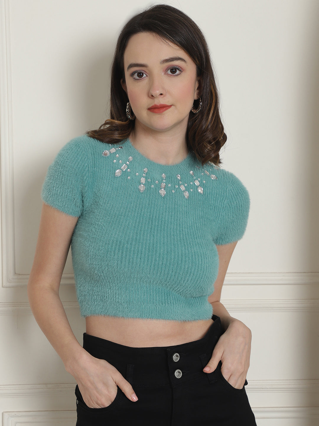 Polyamide Short Sleeve Green Crop Top