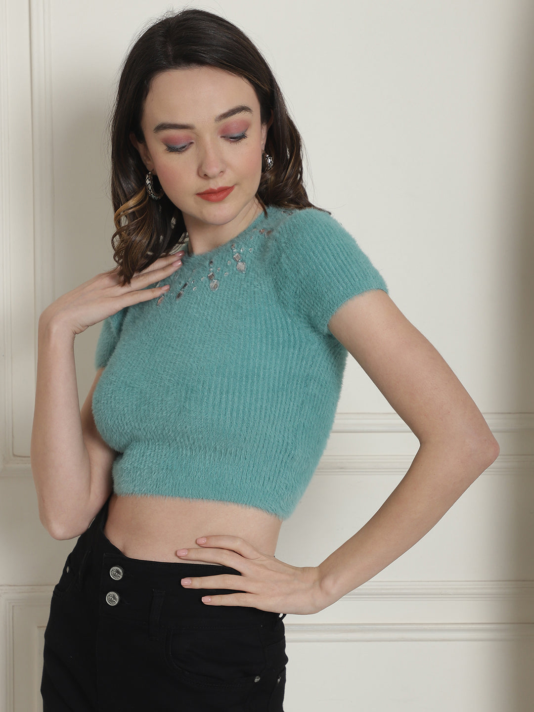 Polyamide Short Sleeve Green Crop Top