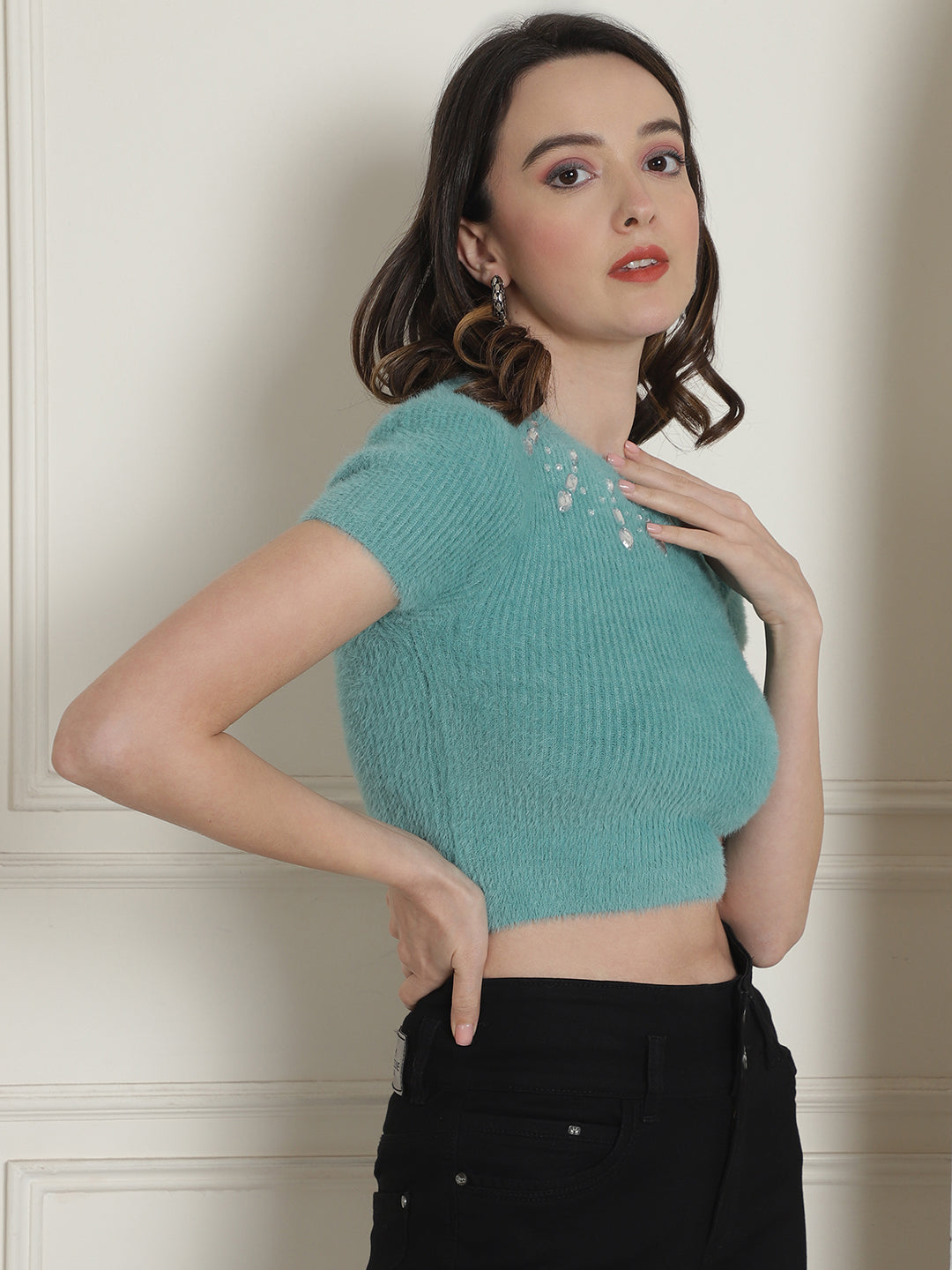 Polyamide Short Sleeve Green Crop Top