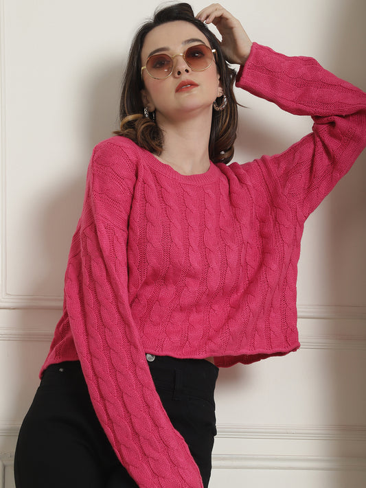 Acrylic Relaxed fit  With Full Sleeve Round Neck Pink Sweater