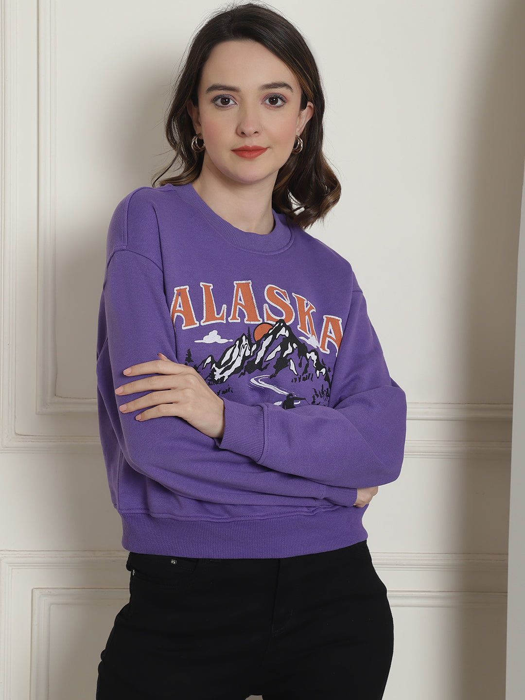 Cotton Round Neck Purple Sweatshirt