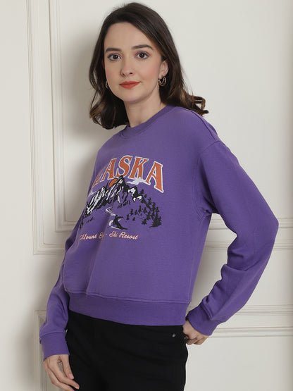 Cotton Round Neck Purple Sweatshirt