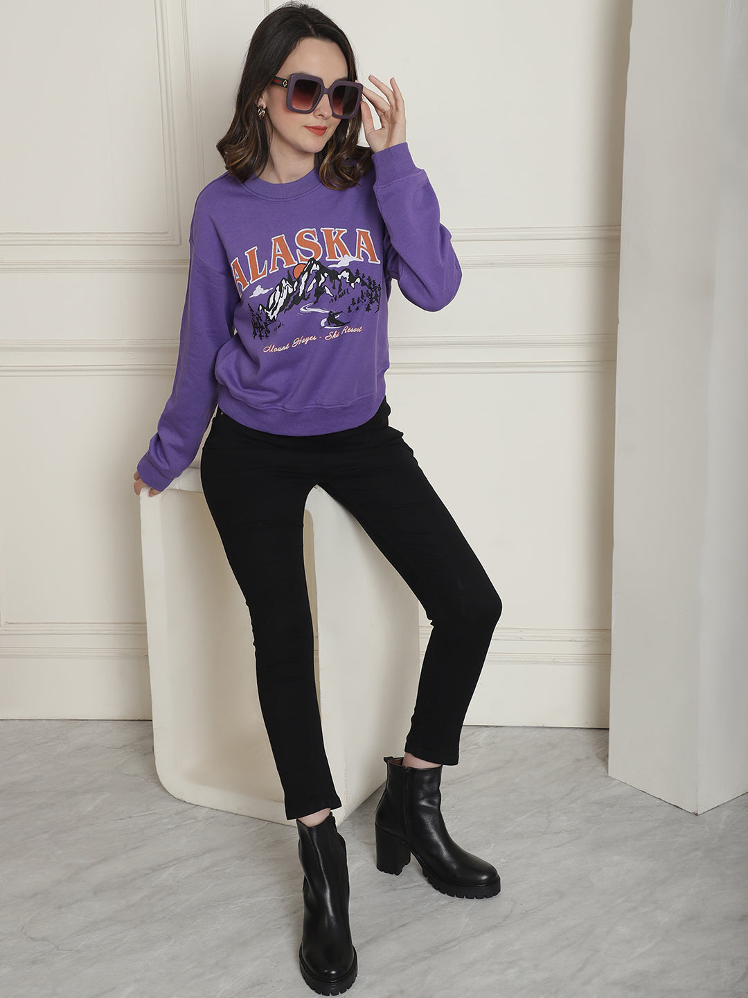 Cotton Round Neck Purple Sweatshirt