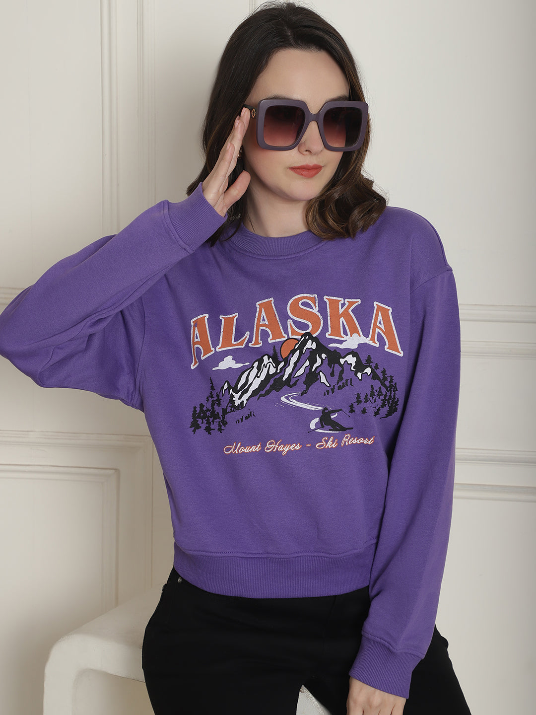 Cotton Round Neck Purple Sweatshirt