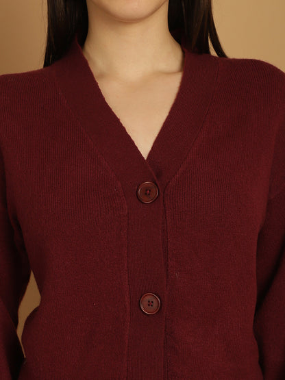 Acrylic Full Sleeve Button Closure V-Neck Wine Cardigan