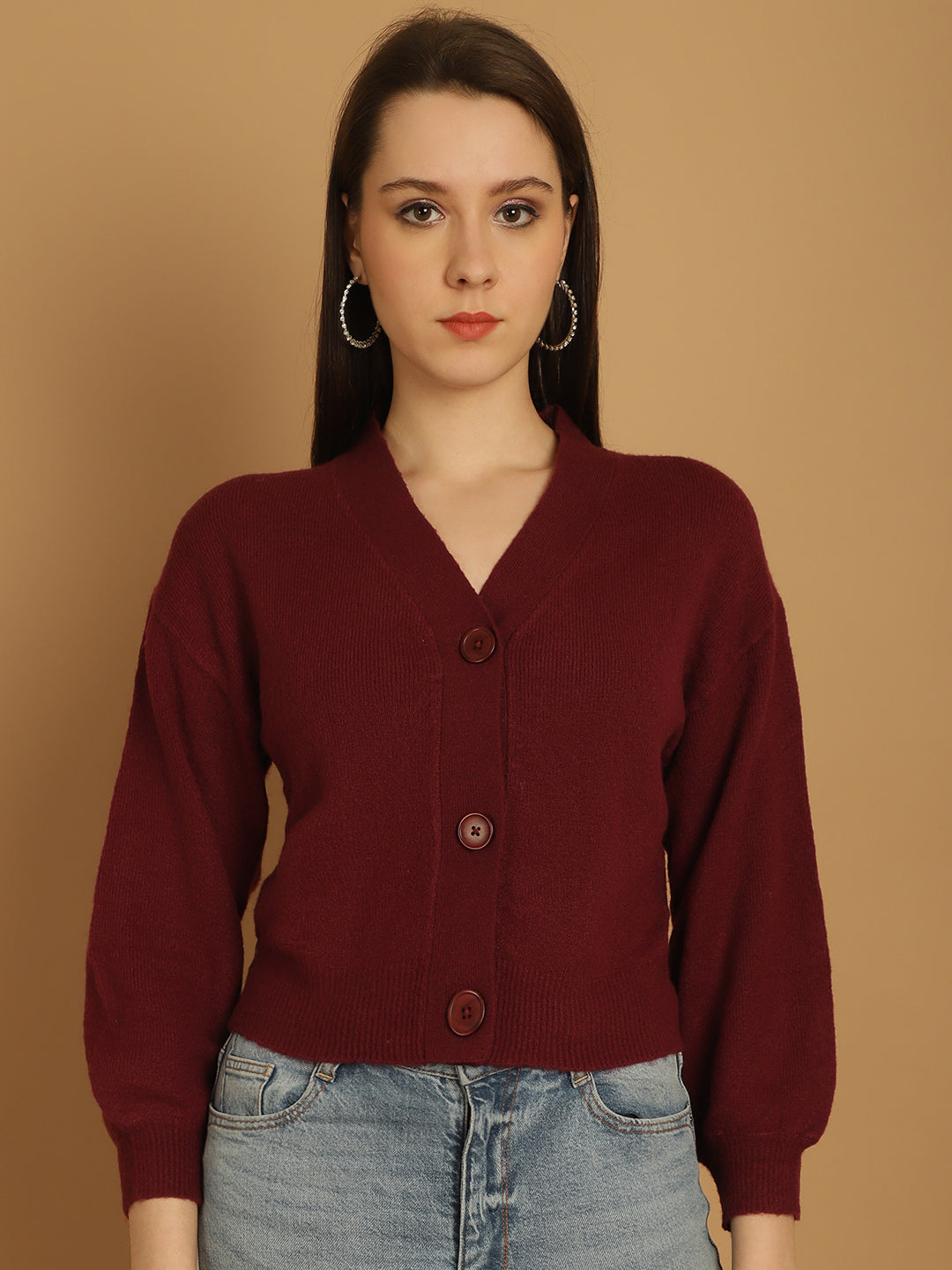 Acrylic Full Sleeve Button Closure V-Neck Wine Cardigan