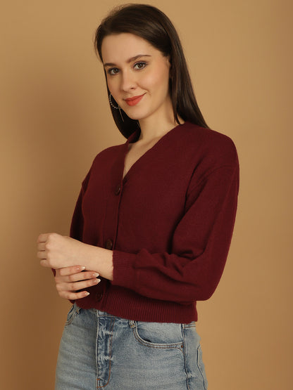 Acrylic Full Sleeve Button Closure V-Neck Wine Cardigan