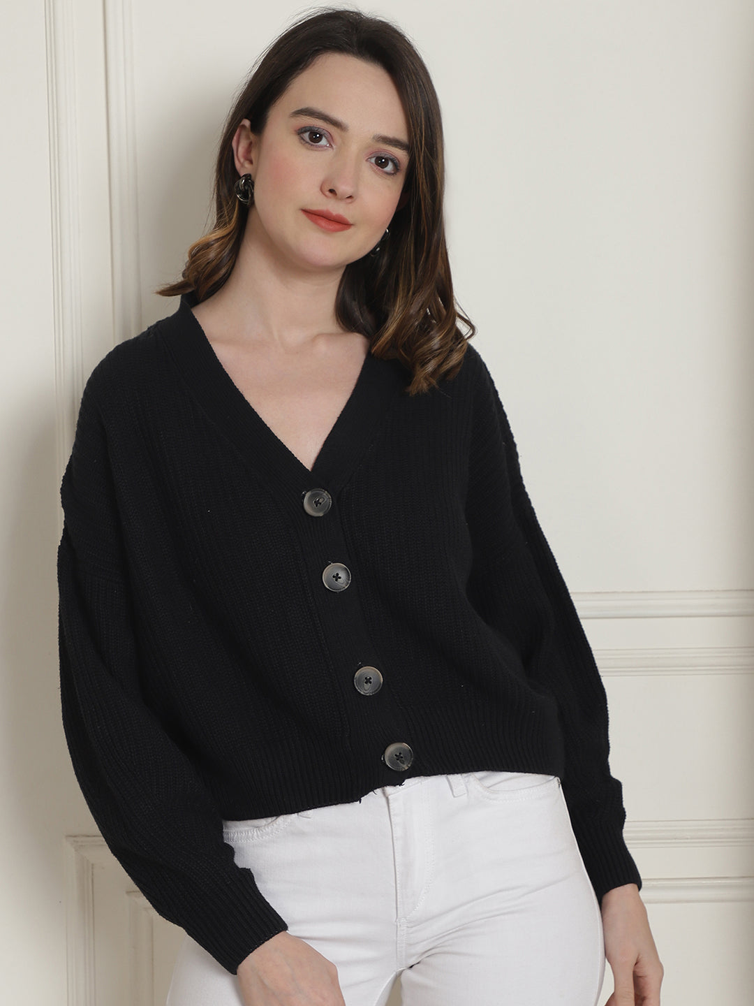 Acrylic Full Sleeve Button Closure V-Neck Black Cardigan