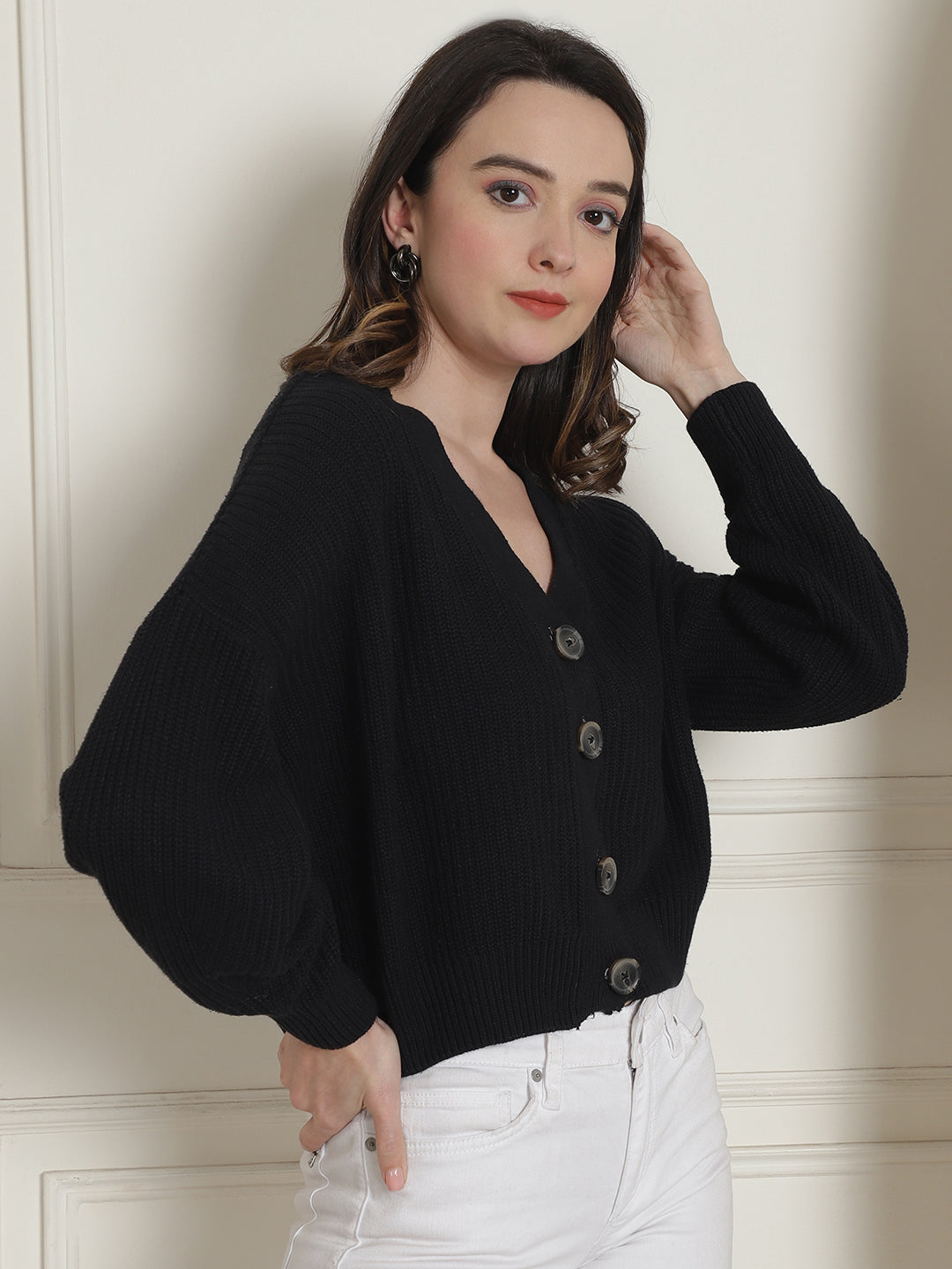 Acrylic Full Sleeve Button Closure V-Neck Black Cardigan