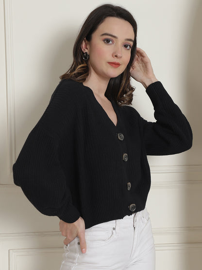 Acrylic Full Sleeve Button Closure V-Neck Black Cardigan