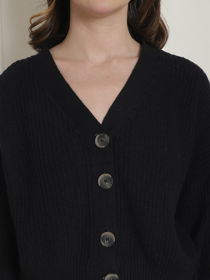 Acrylic Full Sleeve Button Closure V-Neck Black Cardigan