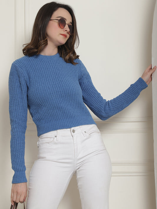 Viscose Round Neck Long Sleeve Blue Sweater