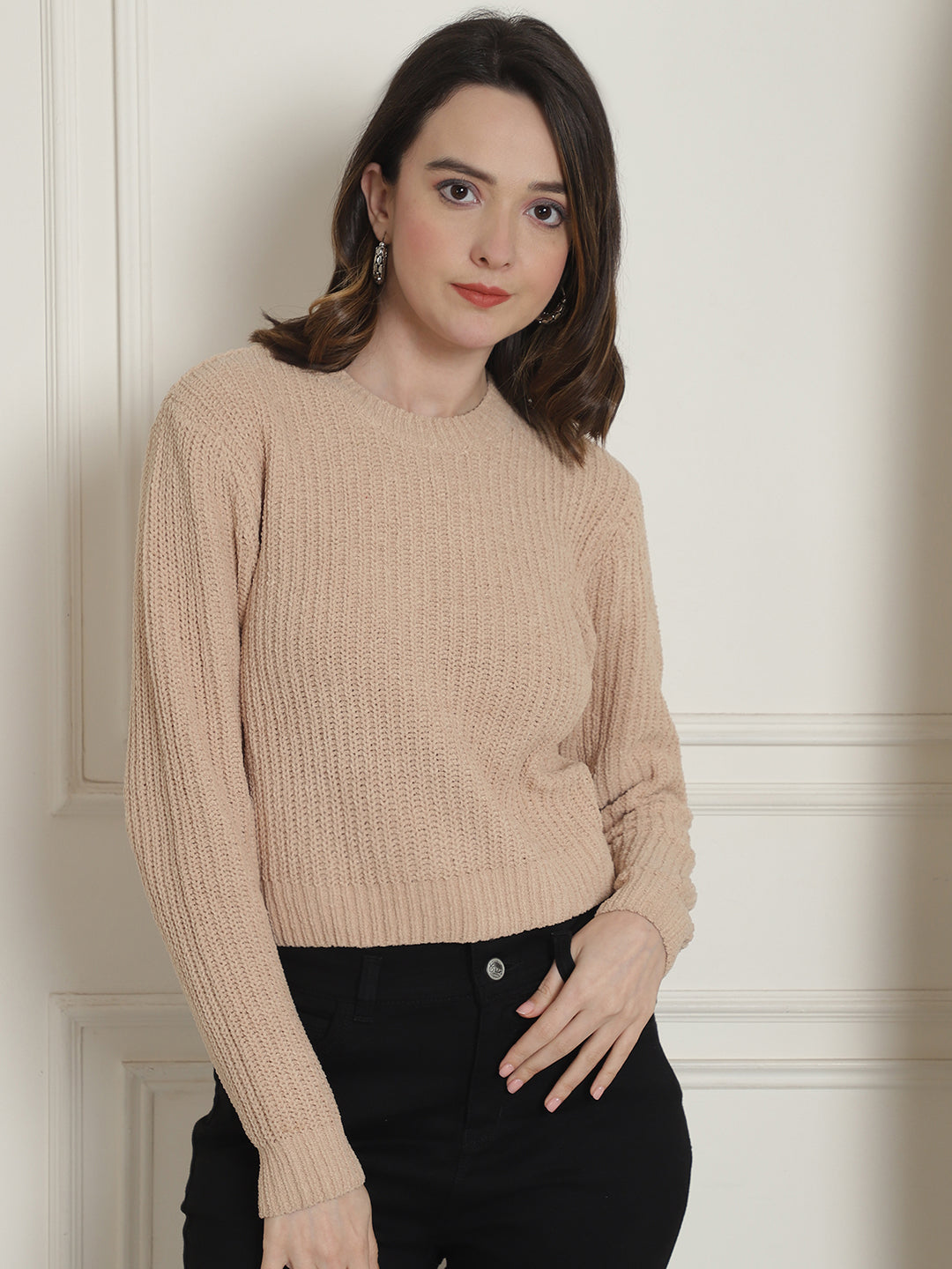 Viscose Round Neck Long Sleeve Brown Sweater