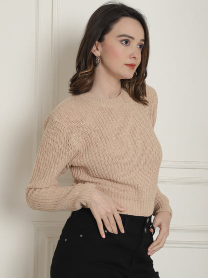 Viscose Round Neck Long Sleeve Brown Sweater