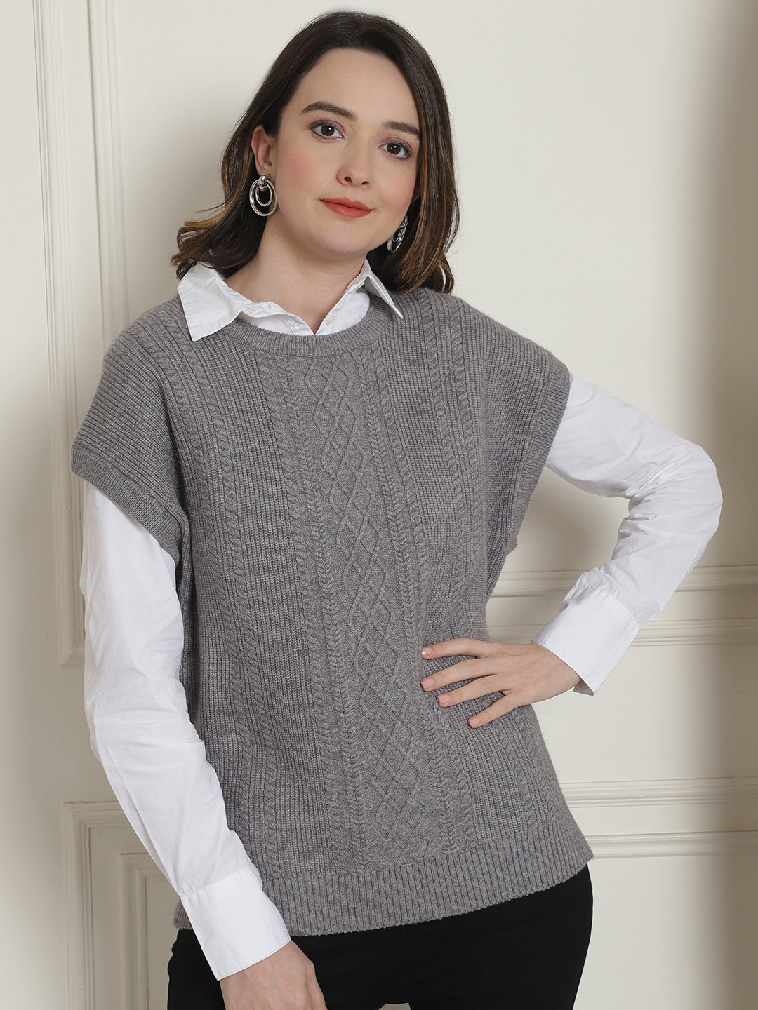 Acrylic Sleeveless V-Neck Knitted Grey Vest Sweater