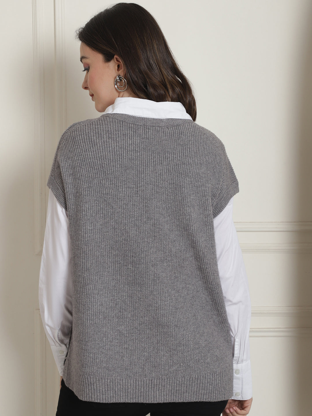 Acrylic Sleeveless V-Neck Knitted Grey Vest Sweater