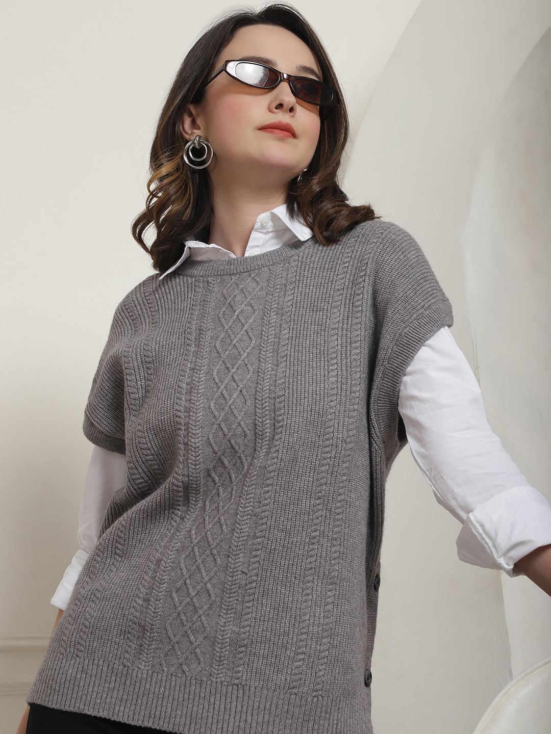 Acrylic Sleeveless V-Neck Knitted Grey Vest Sweater