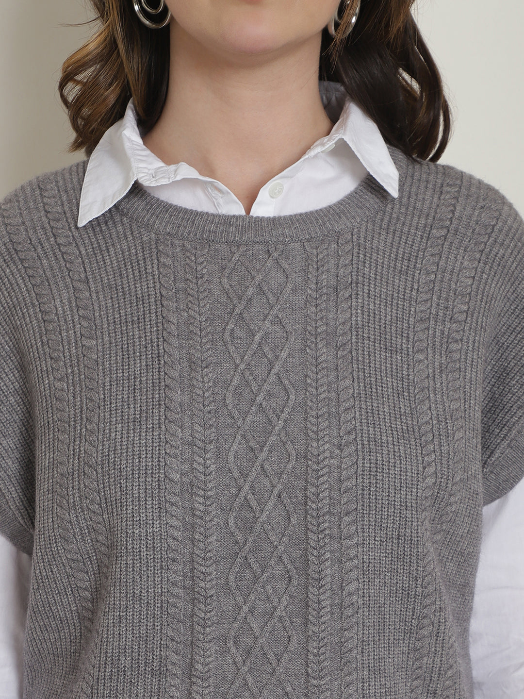 Acrylic Sleeveless V-Neck Knitted Grey Vest Sweater