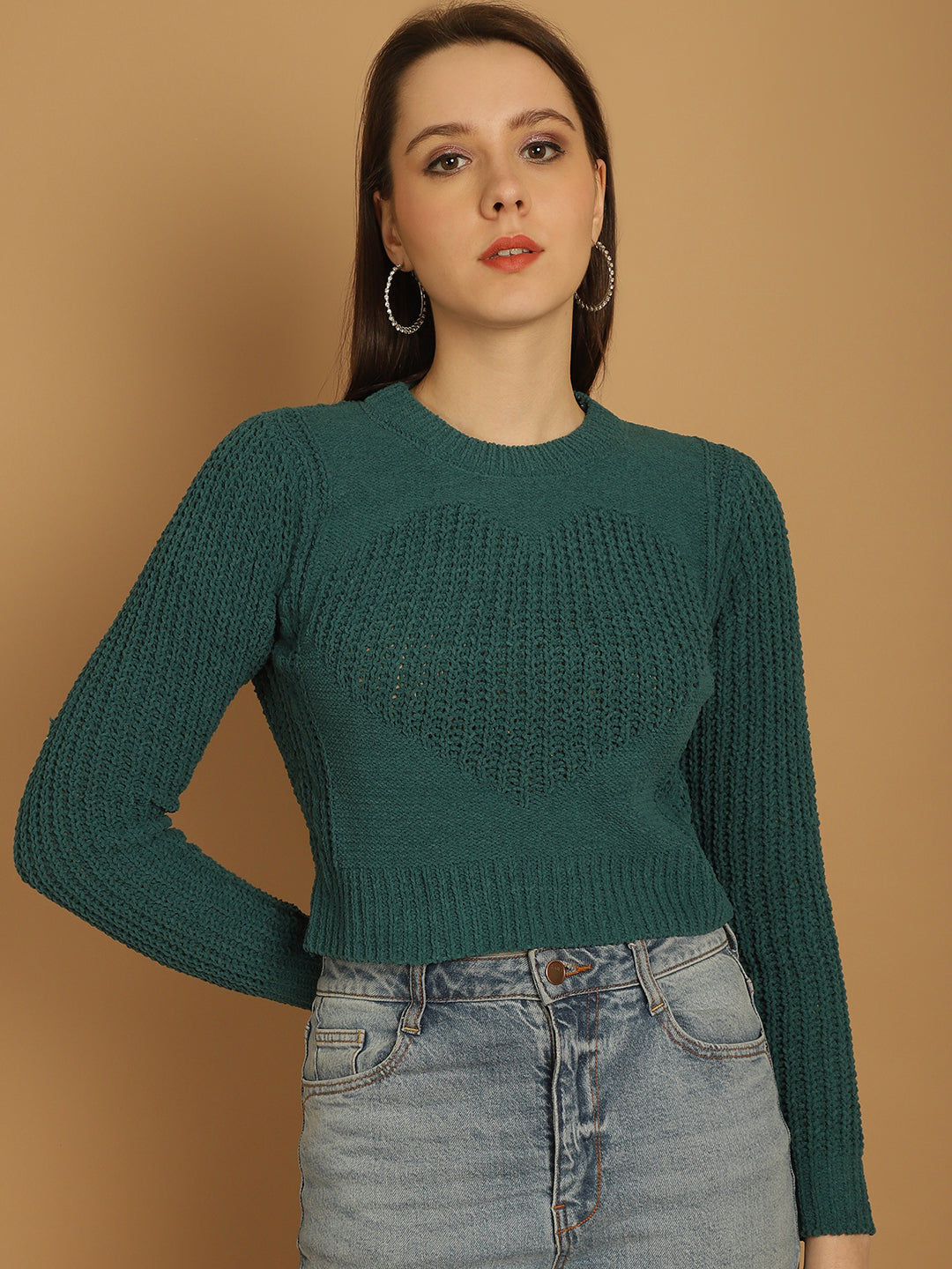 Viscose with Round Neck and Long Sleeve Green Crop Sweater