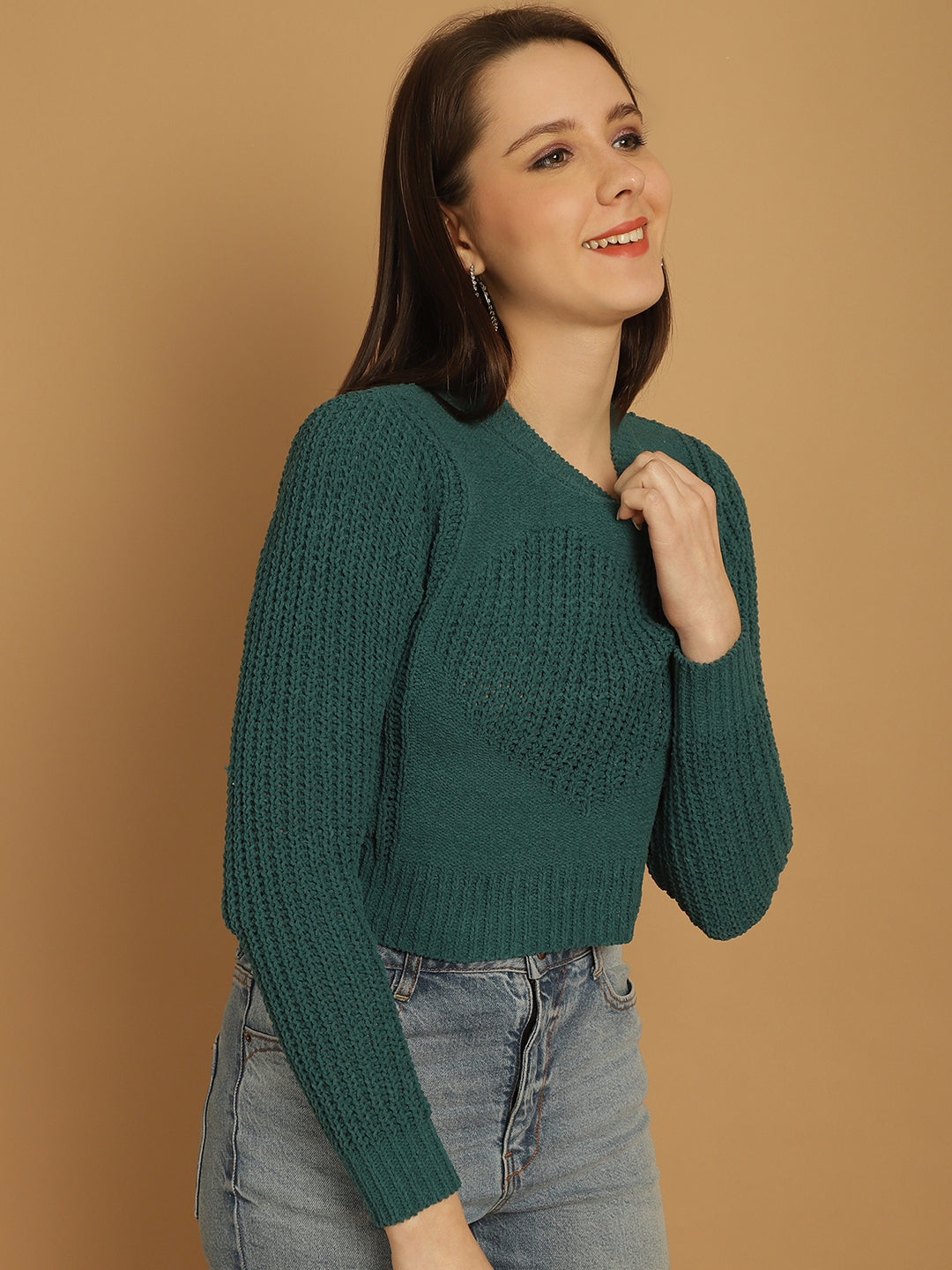 Viscose with Round Neck and Long Sleeve Green Crop Sweater