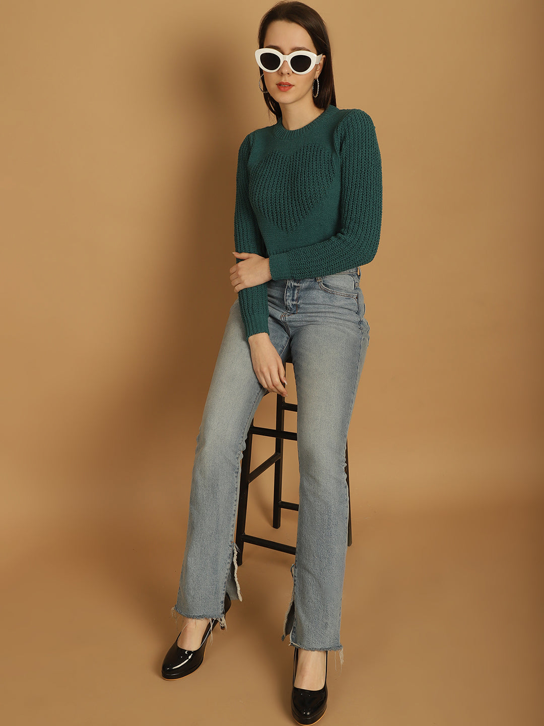 Viscose with Round Neck and Long Sleeve Green Crop Sweater