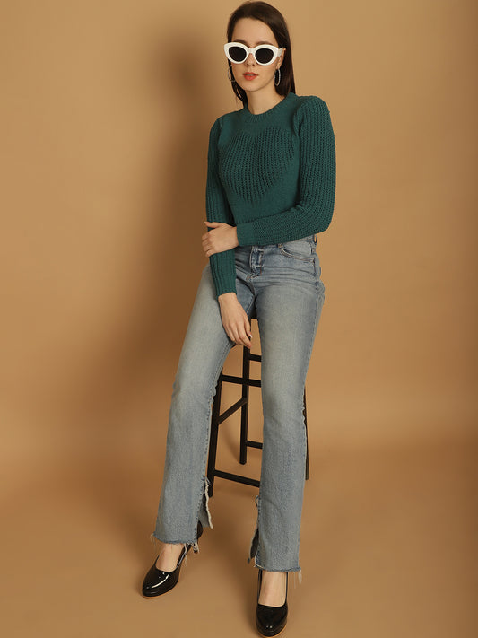 Viscose with Round Neck and Long Sleeve Green Crop Sweater