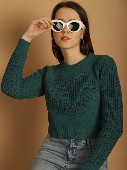 Viscose with Round Neck and Long Sleeve Green Crop Sweater