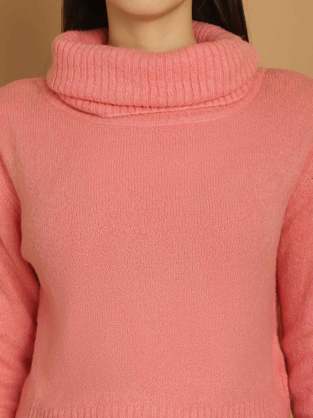 Full Sleeve With High-Neck Pink Sweater