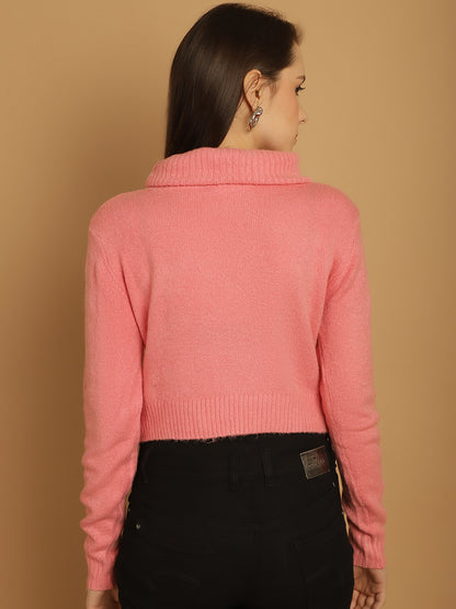 Full Sleeve With High-Neck Pink Sweater