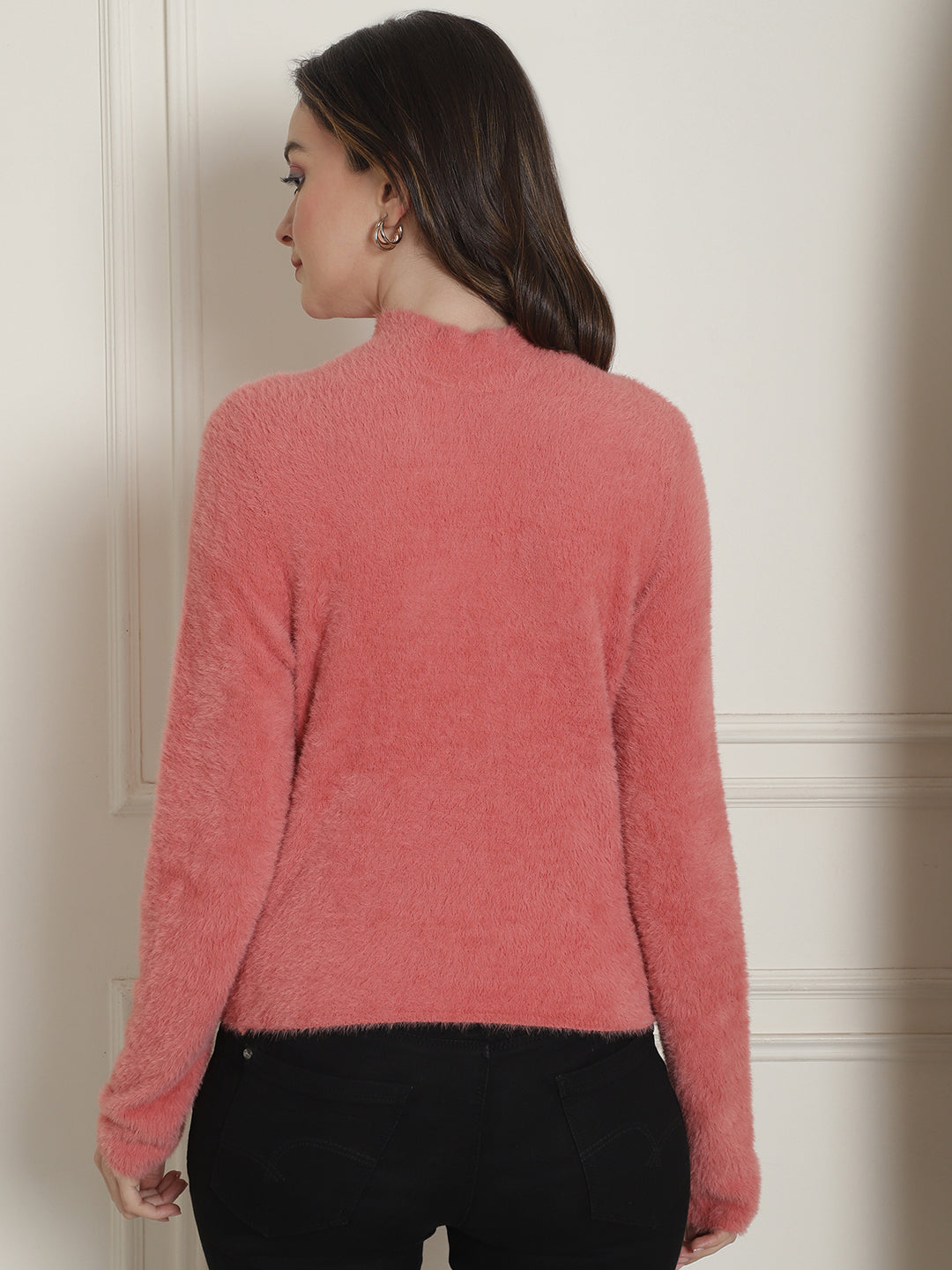 Polyamide Full Sleeve Fluffy Fuzzy Turtle Neck Peach Sweater