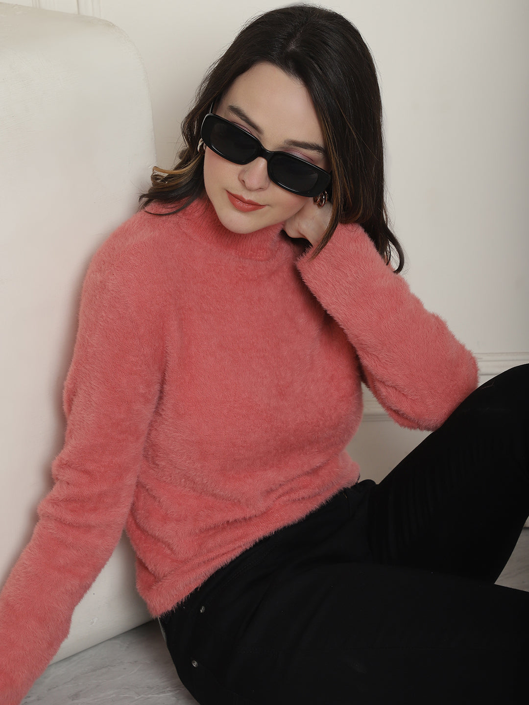 Polyamide Full Sleeve Fluffy Fuzzy Turtle Neck Peach Sweater