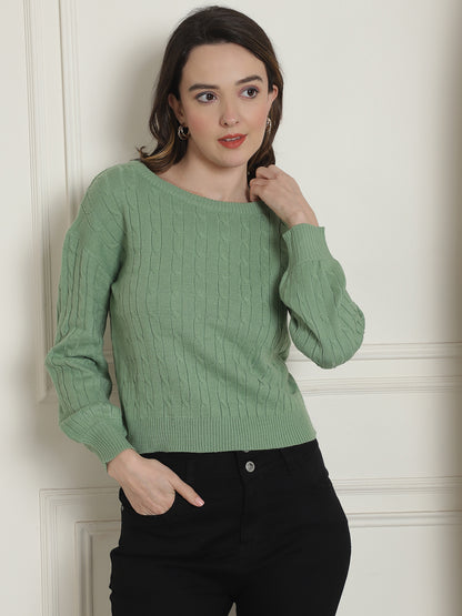 Acrylic Cable knit Full Sleeve Round Neck Green Sweater