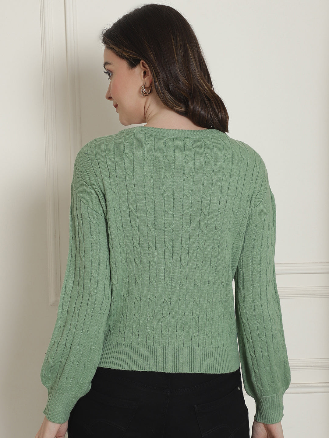 Acrylic Cable knit Full Sleeve Round Neck Green Sweater