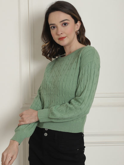 Acrylic Cable knit Full Sleeve Round Neck Green Sweater