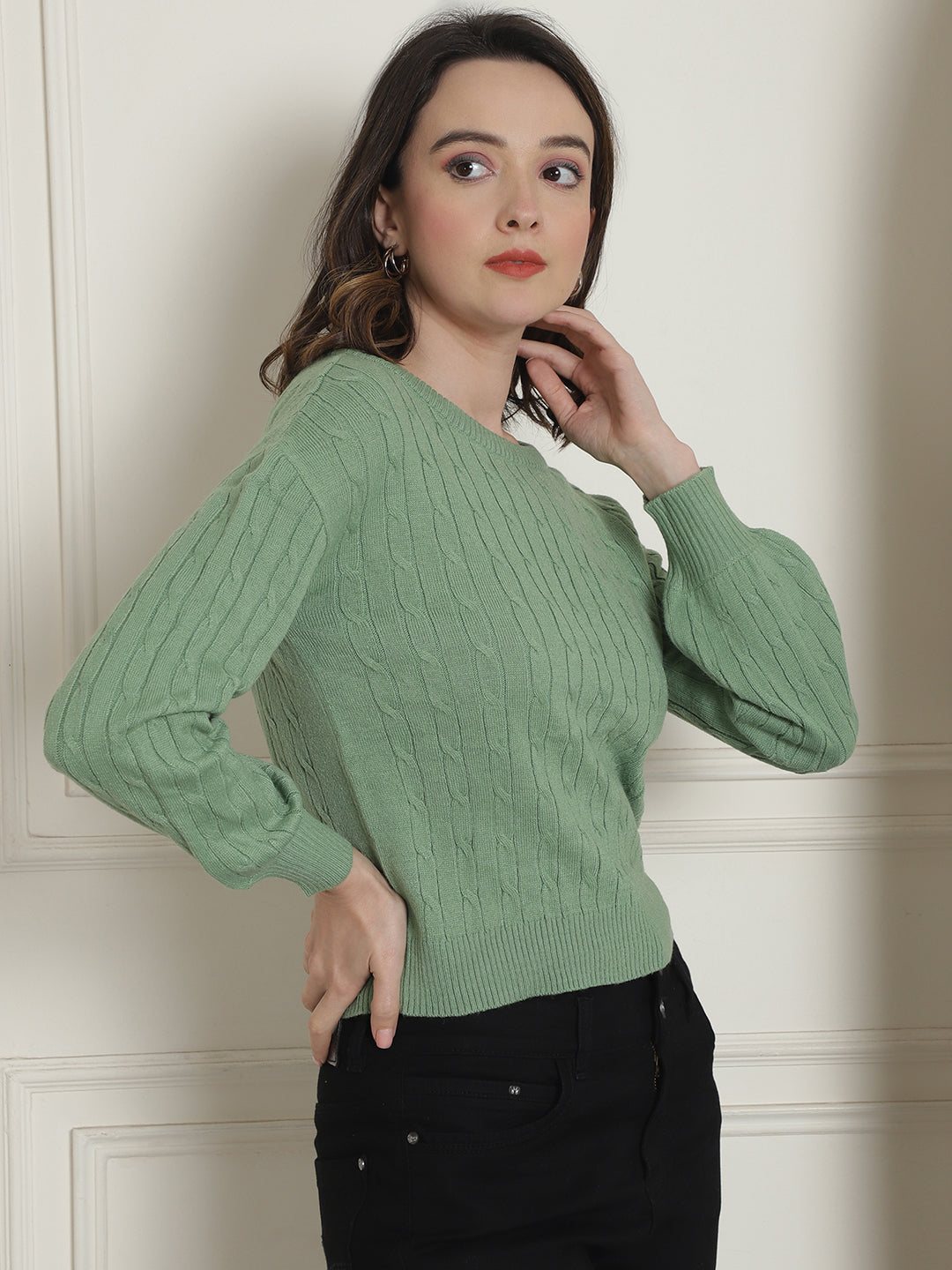 Acrylic Cable knit Full Sleeve Round Neck Green Sweater