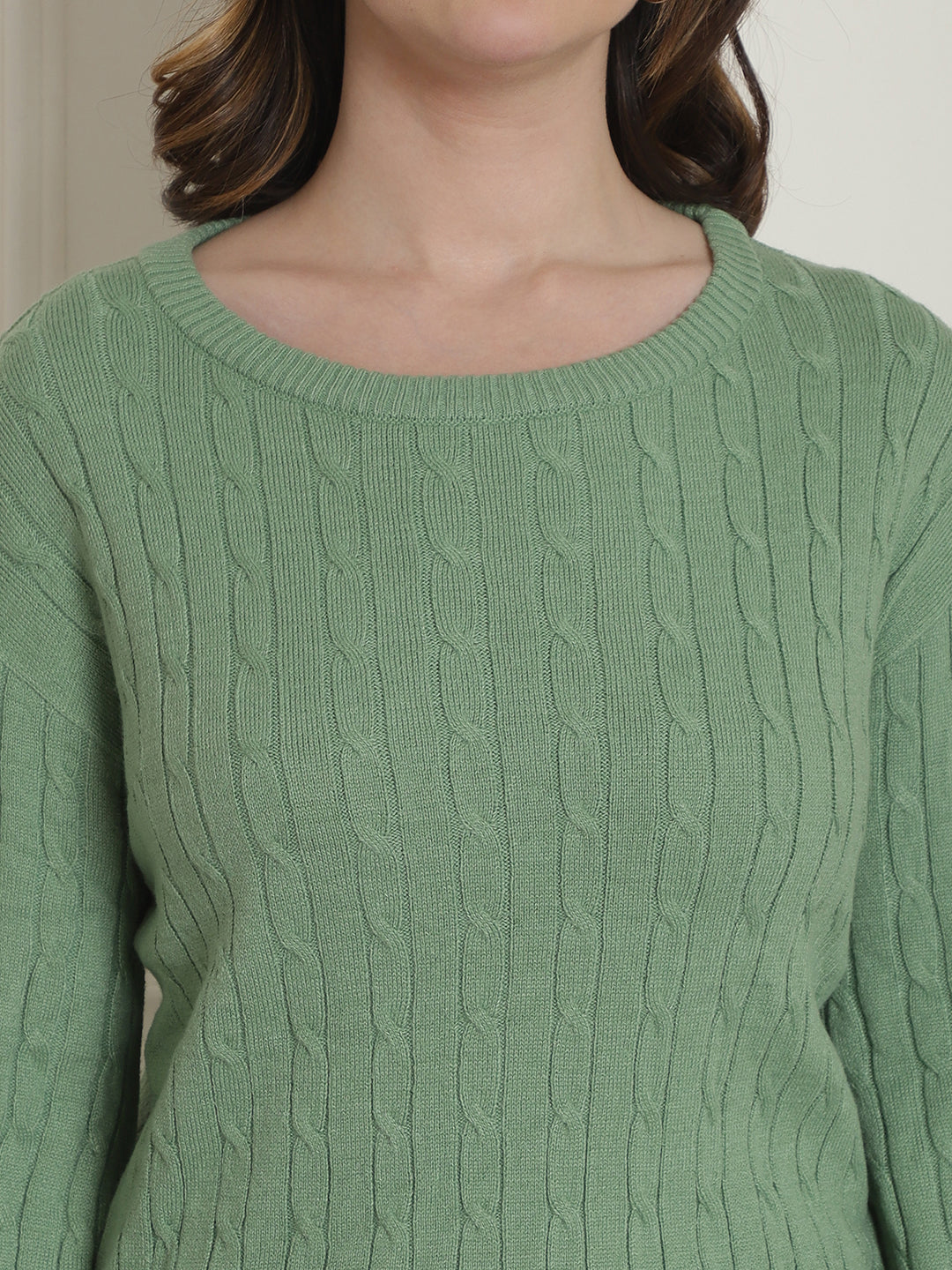 Acrylic Cable knit Full Sleeve Round Neck Green Sweater