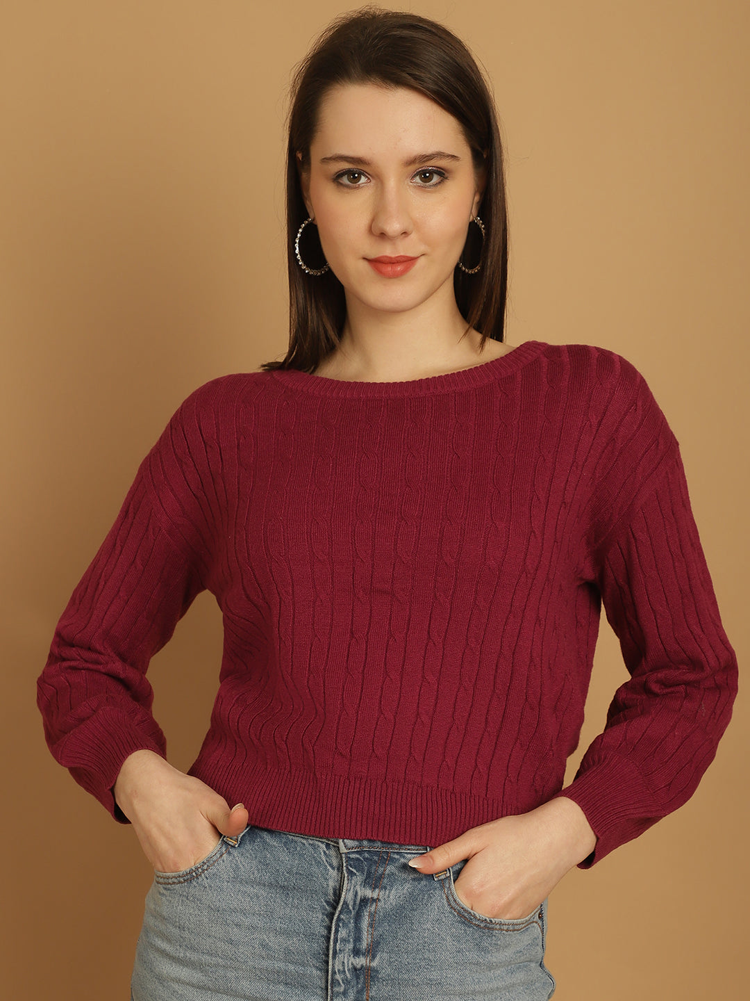 Acrylic Cable Patterned with Round Neck and Full Sleeves Pink Crop Sweater