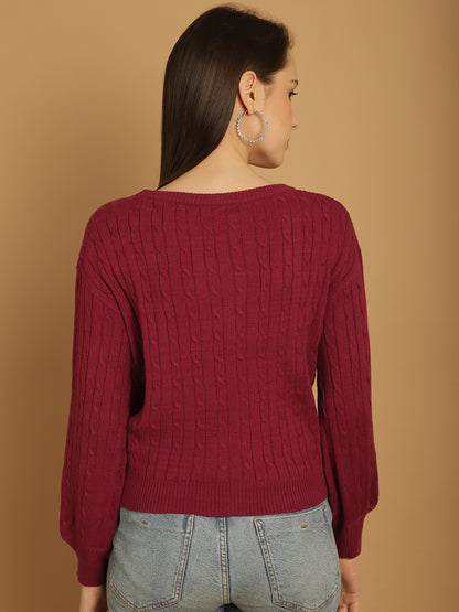 Acrylic Cable Patterned with Round Neck and Full Sleeves Pink Crop Sweater